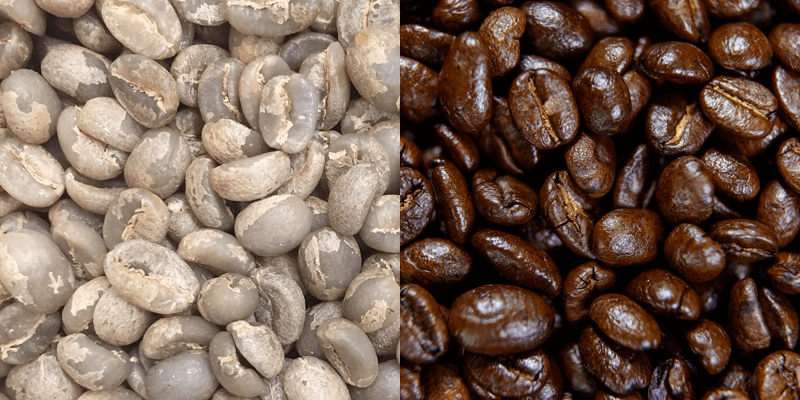 焙煎前のコーヒー生豆と焙煎したコーヒー豆
