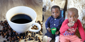 マラウイコーヒーと給食を食べるマラウイの子どもたち